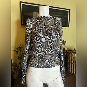 Ladies swirly glamorous retro business cocktail ruched long sleeve blouse